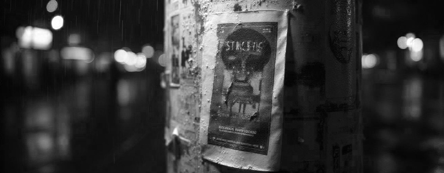 Ein verwittertes Plakat ist nachts im Regen an einen Laternenmast geklebt, wobei die Lichter der Stadt im Hintergrund verschwimmen. Die Szene wirkt launisch und atmosphärisch und suggeriert eine städtische Umgebung.