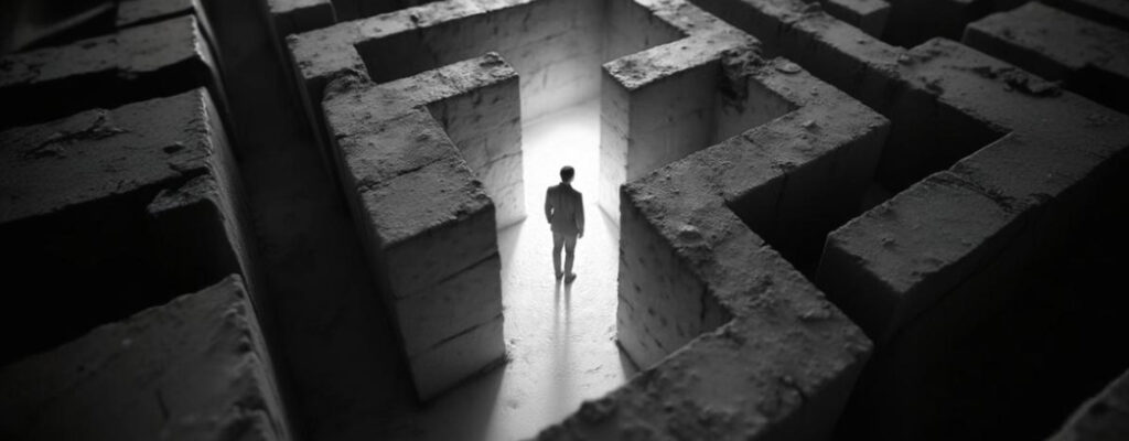 Eine Person steht allein in der Mitte eines dunklen, betonierten Labyrinths, das von einem Lichtschacht erhellt wird, wobei hohe Wände tiefe Schatten um sie herum werfen.