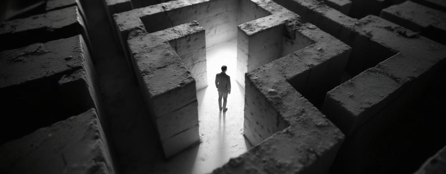 Eine Person steht allein in der Mitte eines dunklen, betonierten Labyrinths, das von einem Lichtschacht erhellt wird, wobei hohe Wände tiefe Schatten um sie herum werfen.