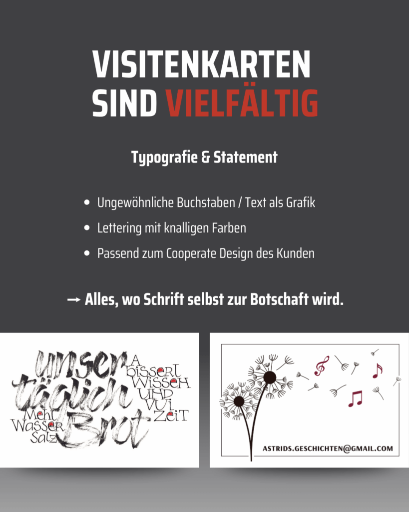 Ein Poster über die Vielfalt von Visitenkarten, mit deutschem Text über Typografie und Designtipps, mit zwei Mustern für Visitenkarten am unteren Rand.