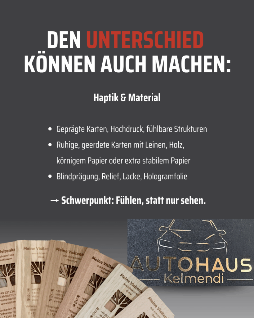 Flyer in deutscher Sprache über Wahrnehmungs- und Materialunterschiede beim Drucken, wobei die taktilen Merkmale hervorgehoben werden. Enthält Aufzählungspunkte, ein Bild von Visitenkarten und ein Logo für "Autohaus Kelmendi" mit einem Autoumriss.