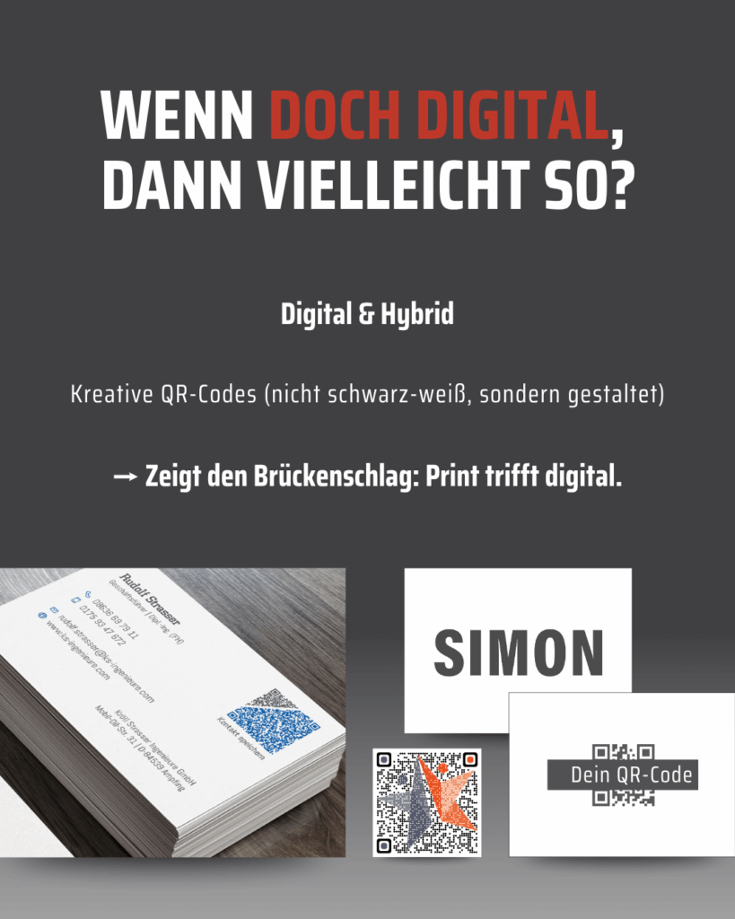Eine Werbegrafik für kreative, farbig gestaltete QR-Codes auf Visitenkarten mit dem Text "Wenn doch digital, dann vielleicht so?" und Musterkarten mit individuellen QR-Codes und dem Namen "Simon.