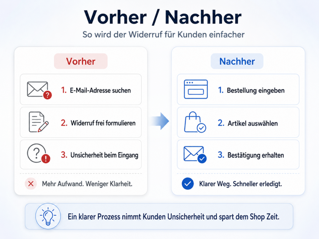 Infografik zum Widerruf aus Kundensicht mit Vorher-Nachher-Vergleich: E-Mail-Adresse suchen und frei formulieren gegenüber Bestellung eingeben, Artikel auswählen und Bestätigung erhalte