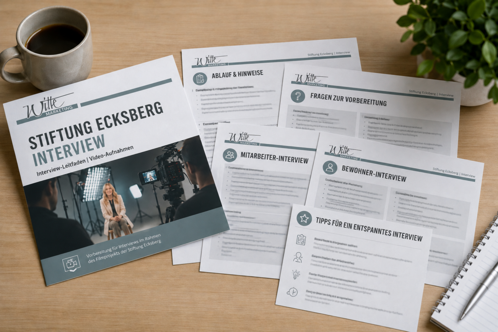 Neben Unterlagen mit dem Titel „Stiftung Ecksberg – Interview“, die Richtlinien, Tipps für das Interview und Hinweise zur Vorbereitung auf Deutsch enthalten, stehen eine Kaffeetasse, ein Stift und ein Notizblock. Auf dem Deckblatt ist eine Frau in einer Videointerview-Situation abgebildet.