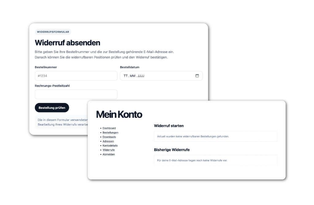 Screenshot von zwei deutschen Webformularen: Das eine enthält eine „Widerrufs“-Schaltfläche von WooCommerce zum Einreichen von Stornierungen mit Feldern wie Bestellnummer, Datum und Postleitzahl; das andere ist eine Benutzerkontoseite zum Anzeigen und Einleiten von Stornierungen.