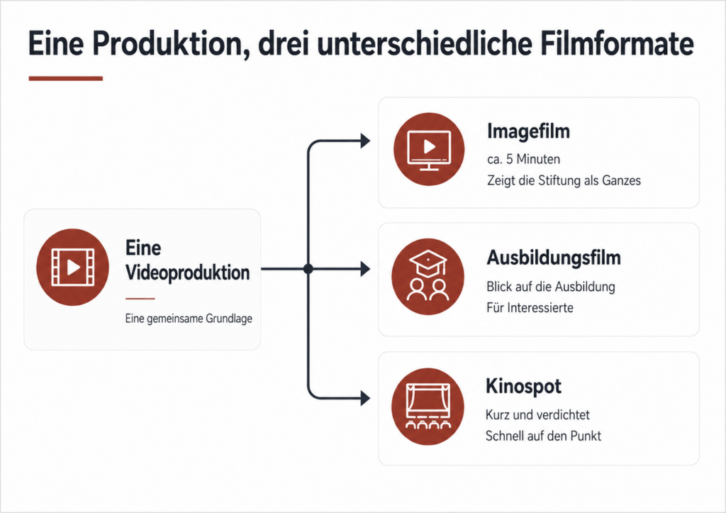 Infografik zu drei Filmformaten: Imagefilm, Ausbildungsfilm, Kinospot. Von einer Videoproduktion gehen Linien zu den drei Formaten ab, jeweils mit Symbolen und kurzen Beschreibungen zu Zweck und Dauer.