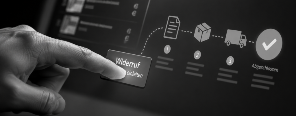 Eine Hand drückt auf einem Touchscreen auf eine virtuelle „Widerruf“-Schaltfläche – die als „Widerrufsbutton“-Funktion in WooCommerce integriert ist. Auf dem Bildschirm führt ein illustriertes Flussdiagramm Schritt für Schritt zu einem Häkchen und dem Wort „Abgeschlossen“.