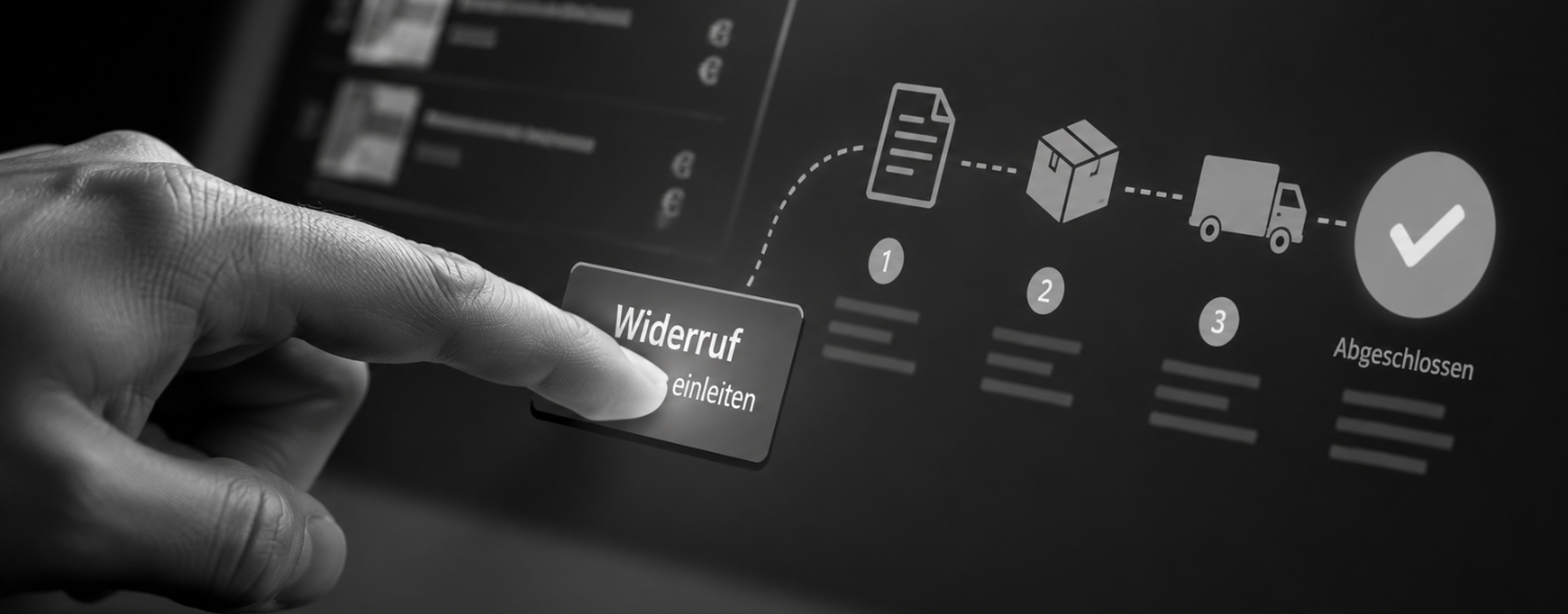 Eine Hand drückt auf einem Touchscreen auf eine virtuelle „Widerruf“-Schaltfläche – die als „Widerrufsbutton“-Funktion in WooCommerce integriert ist. Auf dem Bildschirm führt ein illustriertes Flussdiagramm Schritt für Schritt zu einem Häkchen und dem Wort „Abgeschlossen“.