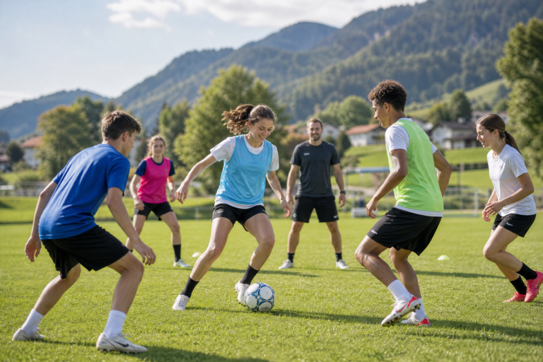 Fünf Jugendliche spielen Fußball auf einem Rasenplatz vor dem Hintergrund von Bergen. Ein Trainer steht in einiger Entfernung und schaut zu. Alle tragen Sportkleidung und scheinen sich ganz auf das Spiel zu konzentrieren.