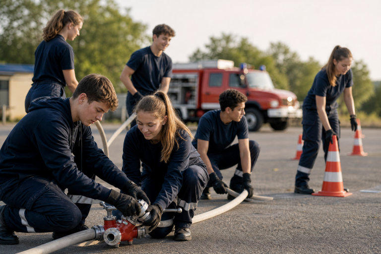 Eine Gruppe junger Menschen in marineblauen Uniformen übt auf einem Übungsgelände den Umgang mit Feuerwehrschläuchen und Verkehrskegeln, im Hintergrund ist ein Feuerwehrauto zu sehen.