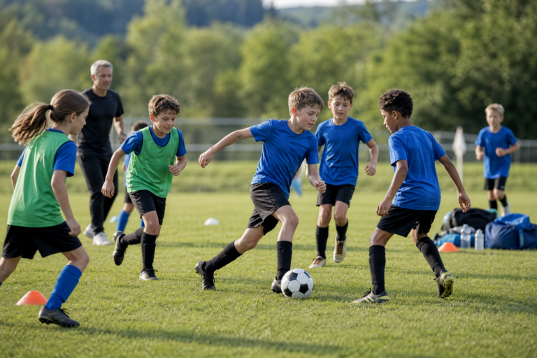 Eine Gruppe von Kindern in blauen und grünen Trikots spielt Fußball auf einem Rasenfeld, während im Hintergrund ein Trainer zusieht. Rund um das Spielfeld sind Bäume und Kegel zu sehen.
