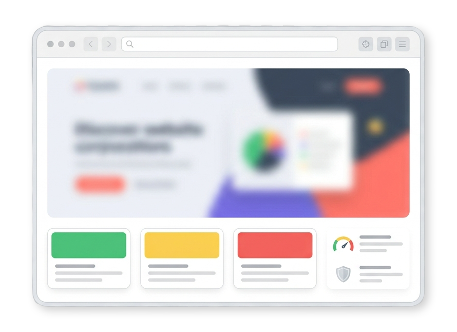 Eine unscharfe Darstellung einer Website in einem Browserfenster, die eine Navigationsleiste, ein Diagramm und farbige Karten (grün, gelb, rot) mit Text darunter zeigt. Der Inhalt ist undeutlich und unlesbar.