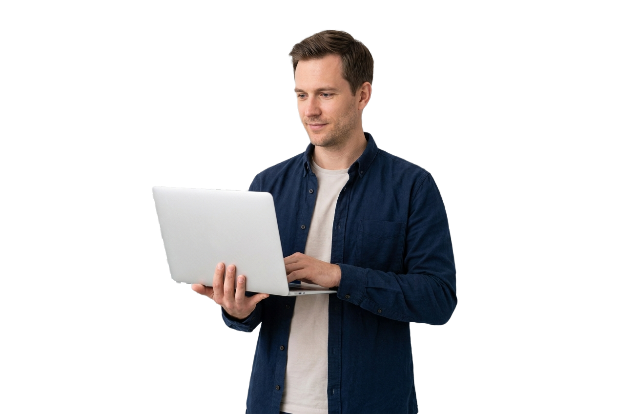 Ein Mann in einem blauen Hemd und einem weißen T-Shirt hält einen Laptop in der Hand und benutzt ihn, während er vor einem schlichten weißen Hintergrund steht.
