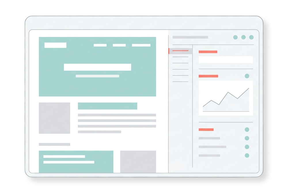 Eine stilisierte Illustration eines Computerbildschirms, auf dem ein Dashboard mit Diagrammen, Grafiken, Textfeldern und Navigationsmenüs in hellblauen, grauen und roten Akzenten angezeigt wird.