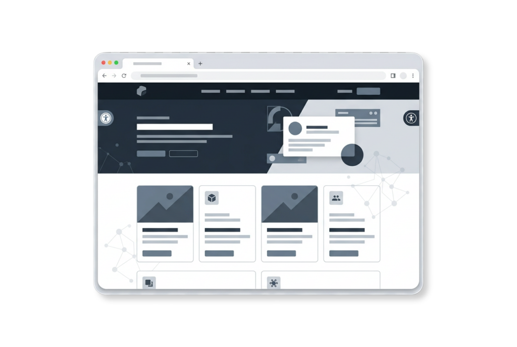 Eine Graustufen-Illustration eines Webbrowsers, der ein Dashboard mit Profilkarten, Textfeldern und Bildplatzhaltern anzeigt, mit einem modernen, minimalistischen Interface-Design.