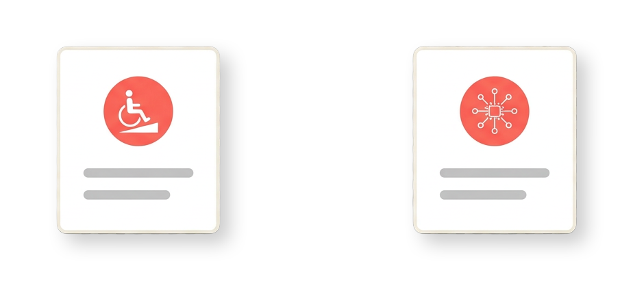 Zwei weiße Karten mit roten Symbolen: Auf der linken ist ein Rollstuhl auf einer Rampe zu sehen, auf der rechten ein Netzwerkdiagramm mit einem Chip in der Mitte. Auf beiden Karten befinden sich unterhalb der Symbole zwei graue horizontale Linien.