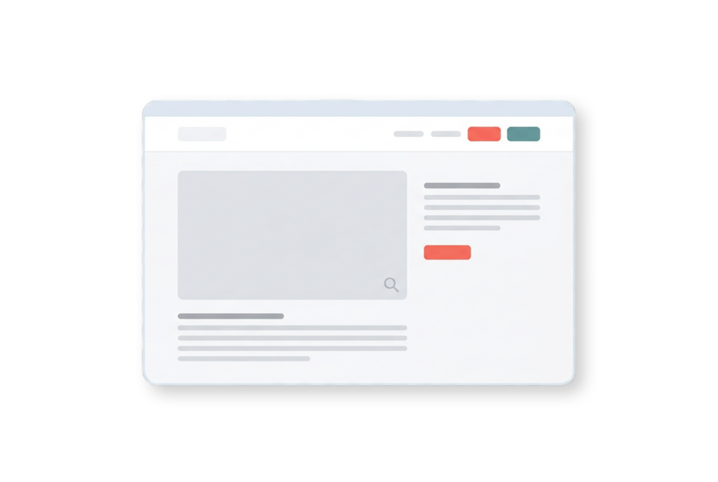 Minimalistische Illustration eines Webbrowser-Fensters mit grauer Kopfzeile, drei farbigen Schaltflächen, einem großen Rechteck, das ein Bild oder Video andeutet, sowie Linien, die Textinhalte und eine Suchleiste andeuten.