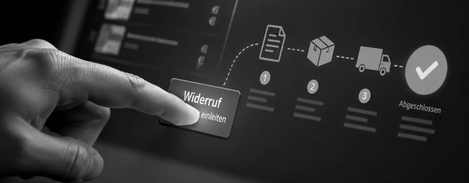 Eine Hand berührt eine digitale Schaltfläche mit der Aufschrift „Widerruf“ auf einem Bildschirm, auf dem ein Ablauf zur Auftragsabwicklung dargestellt ist, einschließlich Dokument, Paket, LKW und einem Häkchen bei „Abgeschlossen“.