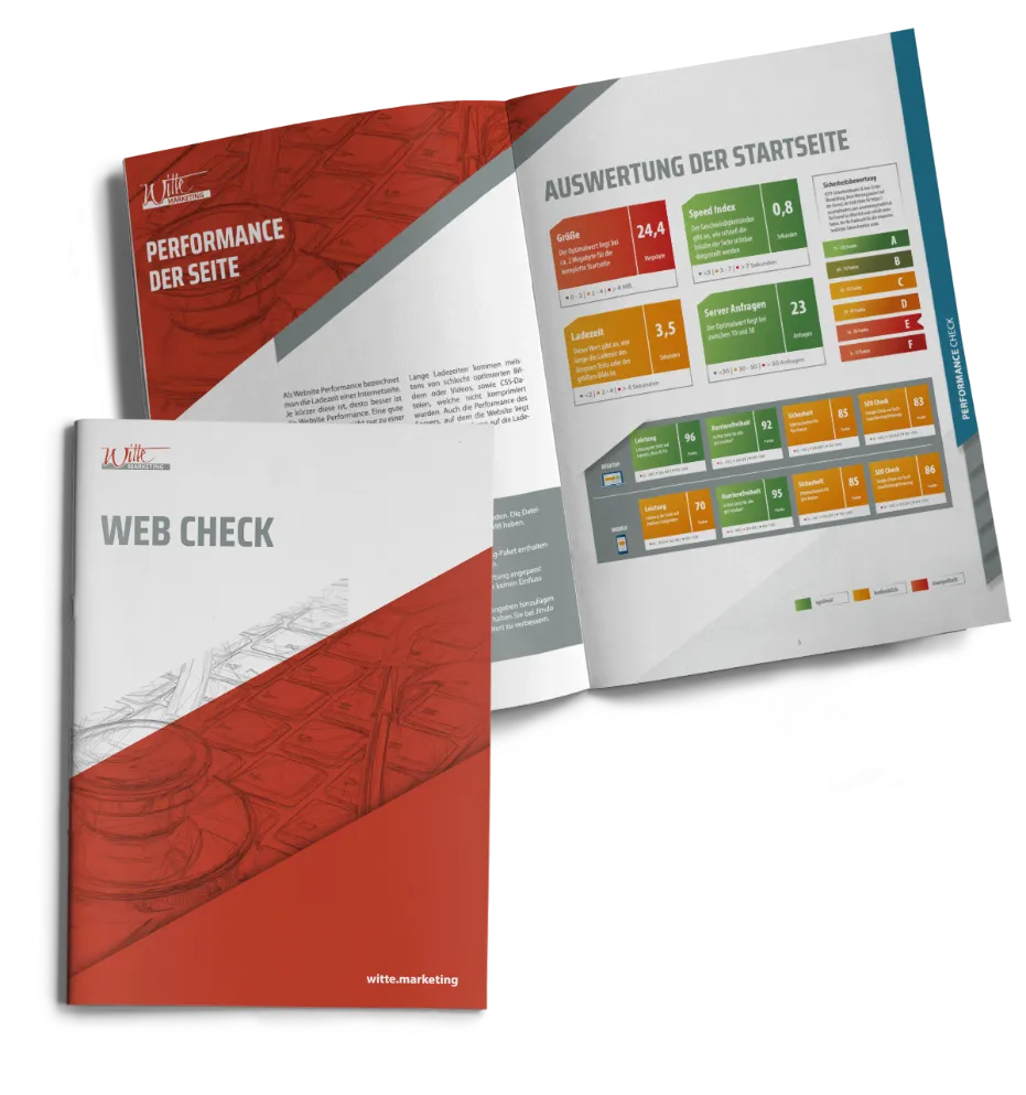 Es sind zwei deutschsprachige Broschüren abgebildet: eine geschlossene mit der Aufschrift „Web Check“ auf dem Einband und eine geöffnete, die Diagramme und Analysen mit dem Titel „Auswertung der Startseite“ zur Leistung und zu den Statistiken der Website zeigt.