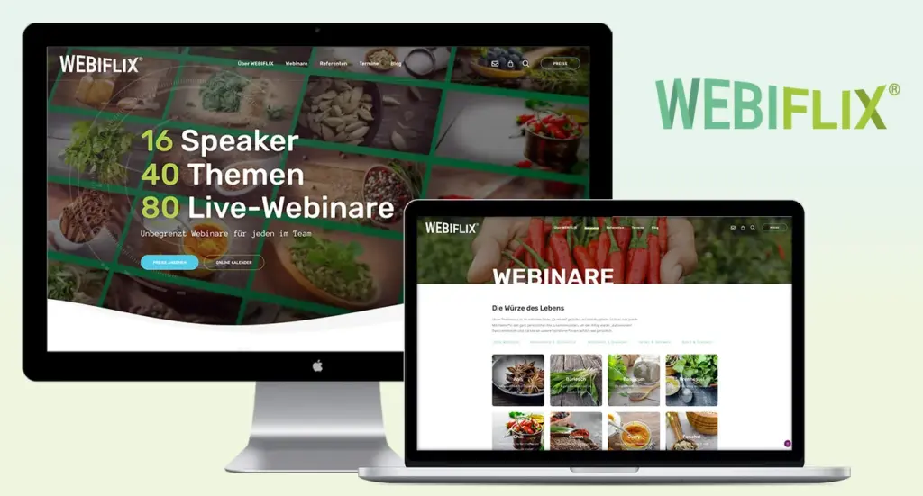 Zwei Bildschirme zeigen die WEBIFLIX-Website. Der größere Bildschirm zeigt „16 Speaker, 40 Themen, 80 Live-Webinare“ vor einem grünen Hintergrund. Der kleinere Laptop-Bildschirm zeigt eine Seite mit dem Titel „Webinare“ und verschiedenen Food-Bildern. Das WEBIFLIX-Logo befindet sich oben rechts.
