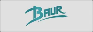 Stilisierter türkisfarbener Text mit dem Wort „Baur“ und einer künstlerischen Verzierung darunter, vor einem hellgrauen Hintergrund mit abgerundeten Ecken.