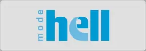 Blauer Text auf hellgrauem Hintergrund lautet „Mode Hell“, wobei „Mode“ vertikal links neben dem größeren „Hell“ steht. Die Buchstaben sind fett gedruckt, mit verspielten Rundungen und geometrischen Formen.