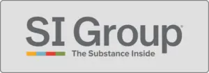 Logo der SI Group mit dem Text „SI Group“ in fetten grauen Buchstaben und dem Slogan „The Substance Inside“ darunter. Zwischen den Wörtern sind vier kleine farbige Rechtecke in Blau, Rot, Gelb und Grün horizontal angeordnet.