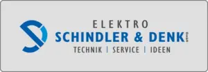 Logo der Elektro Schindler & Denk GmbH. Auf der linken Seite befindet sich ein stilisiertes, blaues „D“. Der Text lautet „ELEKTRO SCHINDLER & DENK GmbH“ mit „TECHNIK | SERVICE | IDEEN“ darunter. Das Design hat einen grauen Rand.