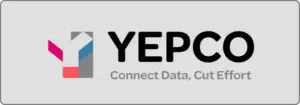 Logo mit dem Text „YEPCO“ in fetten schwarzen Buchstaben, darunter der Slogan „Connect Data, Cut Effort“. Links befindet sich ein abstraktes geometrisches Design in Rosa-, Grau- und Blautönen.