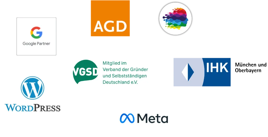 Logos verschiedener Organisationen: Google Partner, AGD, bunte abstrakte Form, VGSD mit deutschem Text, IHK, WordPress und Meta. Sie sind auf einem weißen Hintergrund verstreut.