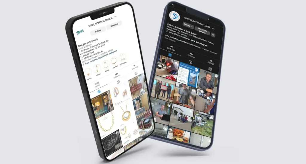 Auf zwei Smartphones sind Instagram-Profile zu sehen. Das linke Smartphone zeigt einen Schmuck-Account mit Bildern von Halsketten und Ringen. Das rechte Smartphone zeigt einen persönlichen Account mit verschiedenen Fotos. Beide Smartphones haben geneigte Bildschirme.