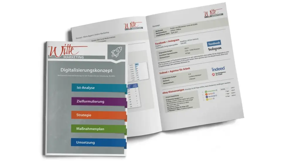 Zwei Broschüren werden ausgestellt. Das Cover zeigt ein Marketingthema mit farbigen Überschriften: Ist-Analyse, Zielformulierung, Strategie, Maßnahmenplan, Umsetzung. Die aufgeschlagene Broschüre enthält Diagramme und Social-Media-Logos, darunter Facebook und Indeed.