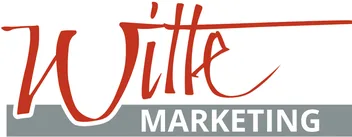 Logo mit dem Wort „Witte“ in fetter, roter Schreibschrift über „MARKETING“ in grauen Großbuchstaben. Ein graues Rechteck unterstreicht den roten Text und rahmt das Design teilweise ein.