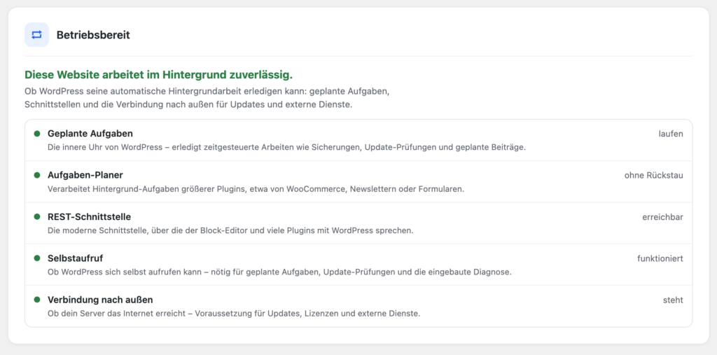WM Guard prüft, ob WordPress geplante Aufgaben und Update-Prüfungen zuverlässig erledigt