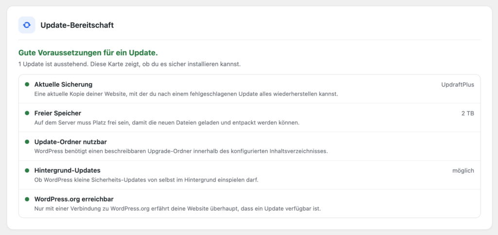 WM Guard prüft vor einem Update Sicherung, Speicherplatz und Update-Ordner
