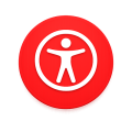 Ein rotes, rundes Symbol mit einem weißen Umriss einer Person, die mit ausgestreckten Armen in einem weißen Ring steht und damit Barrierefreiheit symbolisiert.