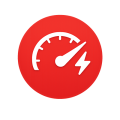Auf einem roten, runden Hintergrund ist ein weißes Tachometer-Symbol mit einem Blitz zu sehen, das für Geschwindigkeit oder hohe Leistung steht.