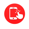 Ein weißes Symbol, das eine Hand zeigt, die auf den Bildschirm eines Smartphones tippt, in einem roten Kreis auf hellgrauem Hintergrund.